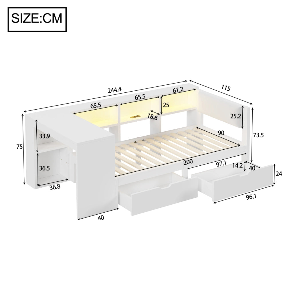LETTO a piattaforma 90x200 cm bianco con testiera imbottita, ripiani, cassetti, USB e LED