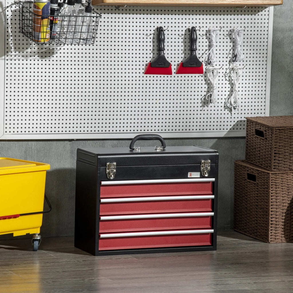 EasyComfort Cassetta Porta Attrezzi in Acciaio con 4 Cassetti e Vassoio Superiore, 51x22x39.5 cm, Rosso e Nero