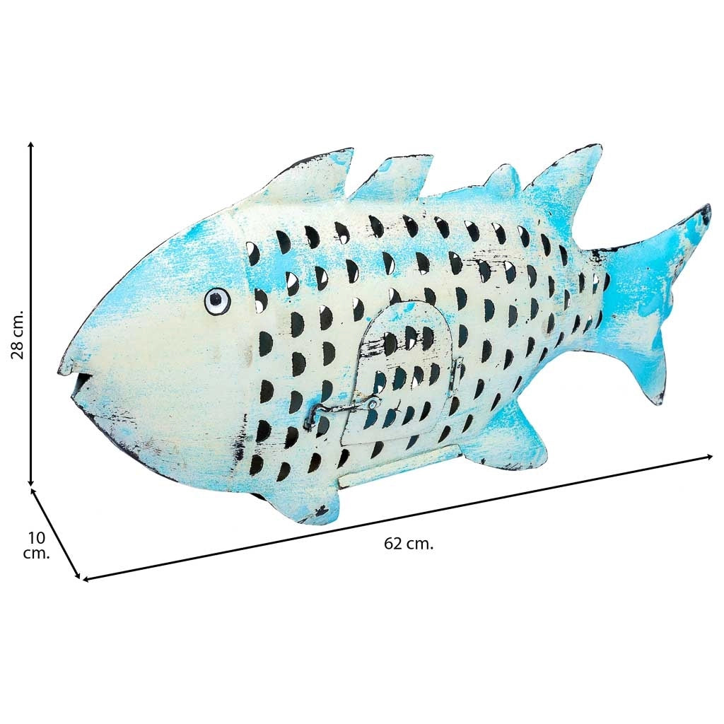 Portacandele pesce in metallo invecchiato blu 60x10x28h cm