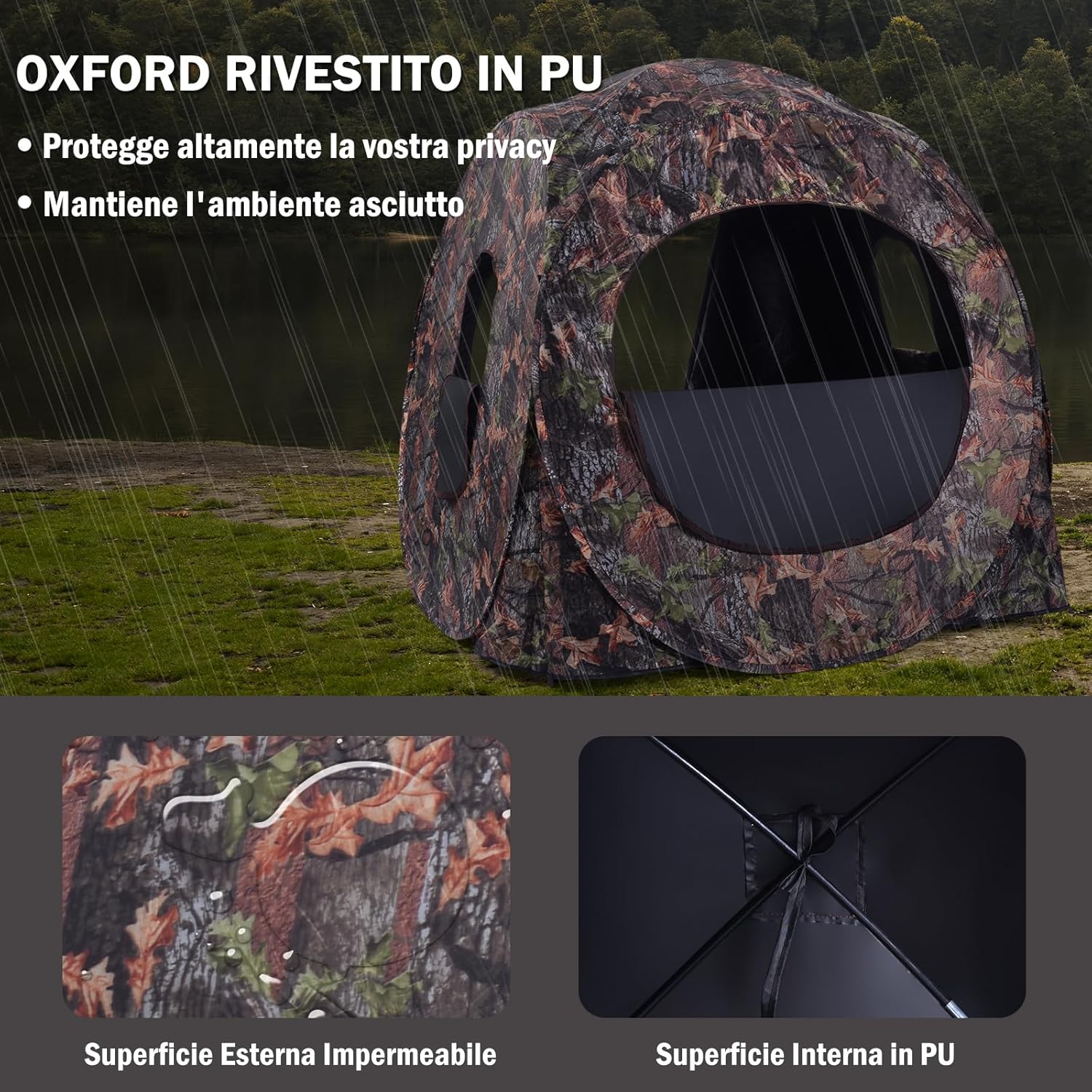 Tenda da Caccia Pieghevole per 3 Persone, Tenda da Caccia con Telaio in Acciaio e Finestre a Maglie, Tenda Mimetica con Borsa per Trasporto, con Visione 270°
