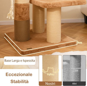 Tiragraffi per Gatto Alto 165 cm, Albero Tiragraffi Gatto con 4 Piattaforme, 4 Pali Sisal, Spazzola, Corda e Palla Pompon, Torre Tiragraffi per Gatti Imbottito Rimovibile, Caramello