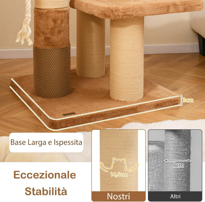 Tiragraffi per Gatto Alto 165 cm, Albero Tiragraffi Gatto con 4 Piattaforme, 4 Pali Sisal, Spazzola, Corda e Palla Pompon, Torre Tiragraffi per Gatti Imbottito Rimovibile, Caramello
