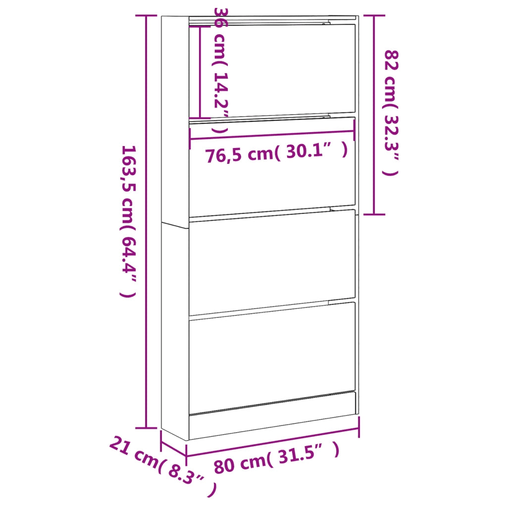 Scarpiera 4 Cassetti Ribaltabili-Scaffale per scarpe Grigio Sonoma 80x21x163,5 cm