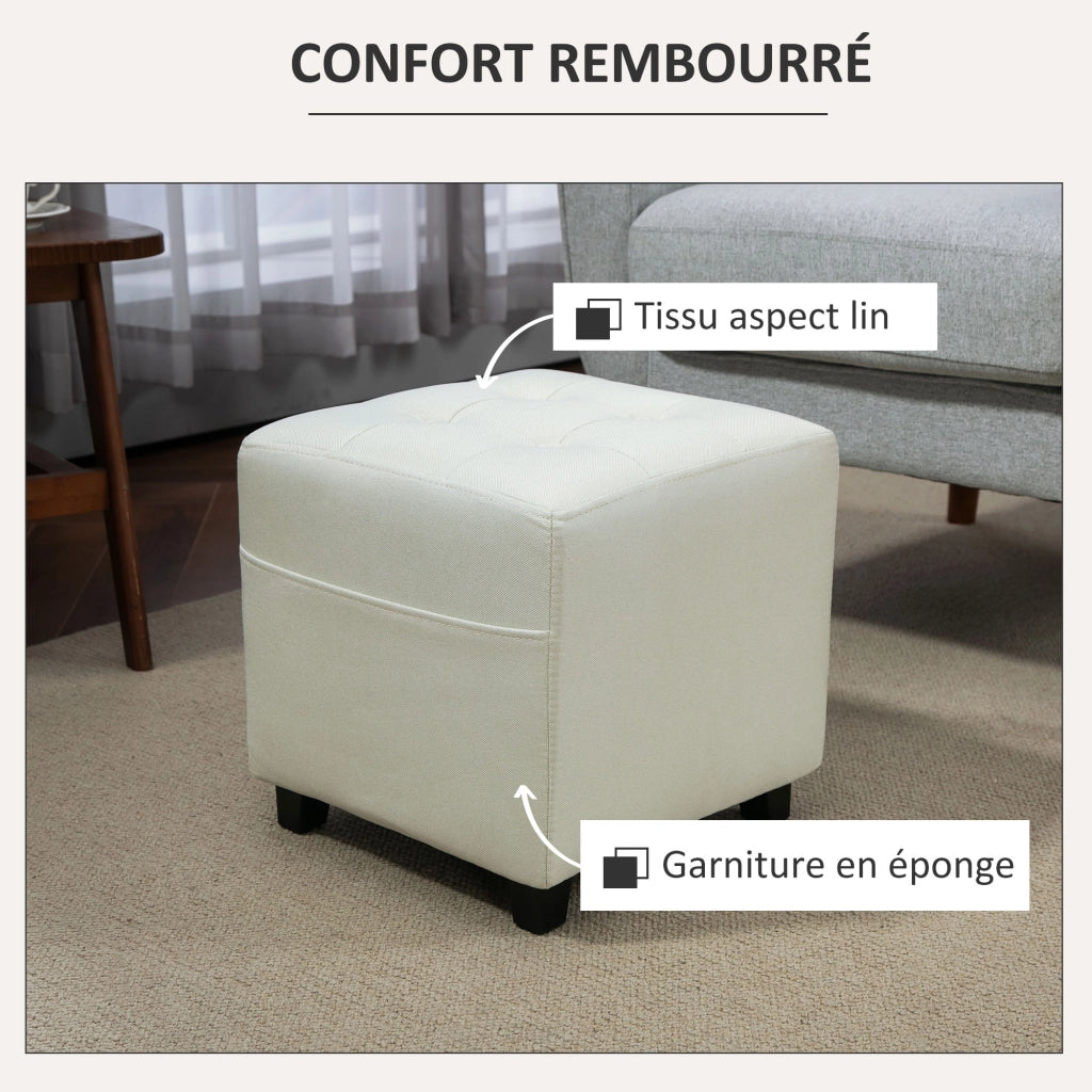 Pouf imbottito con tasca laterale ¨C zephmum ¨C Tessuto effetto lino, crema, 35x35x35 cm
