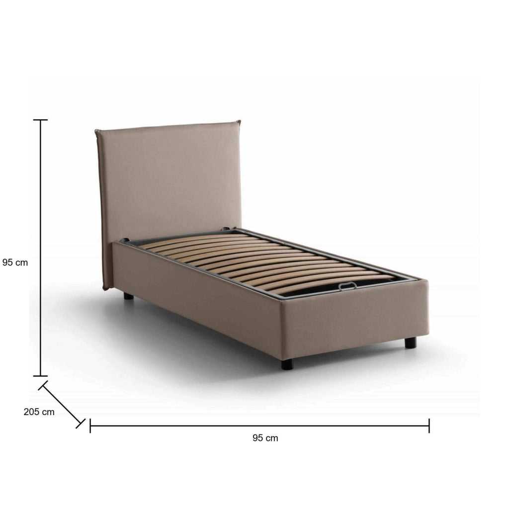 Letto singolo Acuila, Letto contenitore con rivestimento in tessuto, Made in Italy, Apertura laterale, adatto per materasso cm 80x190, Tortora