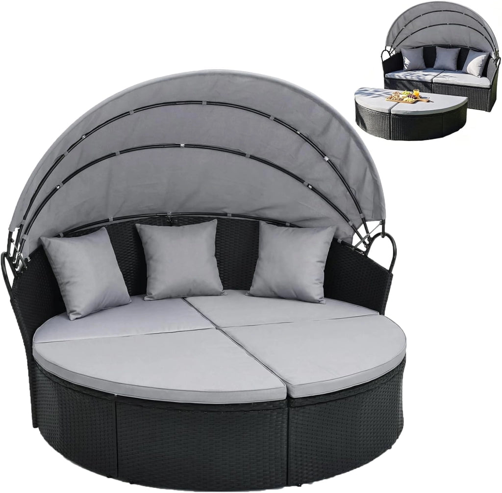 2 in 1 Isola Prendisole da Giardino per 2 Persone, Lettino Prendisole in Rattan con Tettuccio Retrattile, Divanetto Letto da Esterno con Cuscini per Terrazzo Balcone, 187x180x157 cm (Grigio)