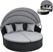 2 in 1 Isola Prendisole da Giardino per 2 Persone, Lettino Prendisole in Rattan con Tettuccio Retrattile, Divanetto Letto da Esterno con Cuscini per Terrazzo Balcone, 187x180x157 cm (Grigio)