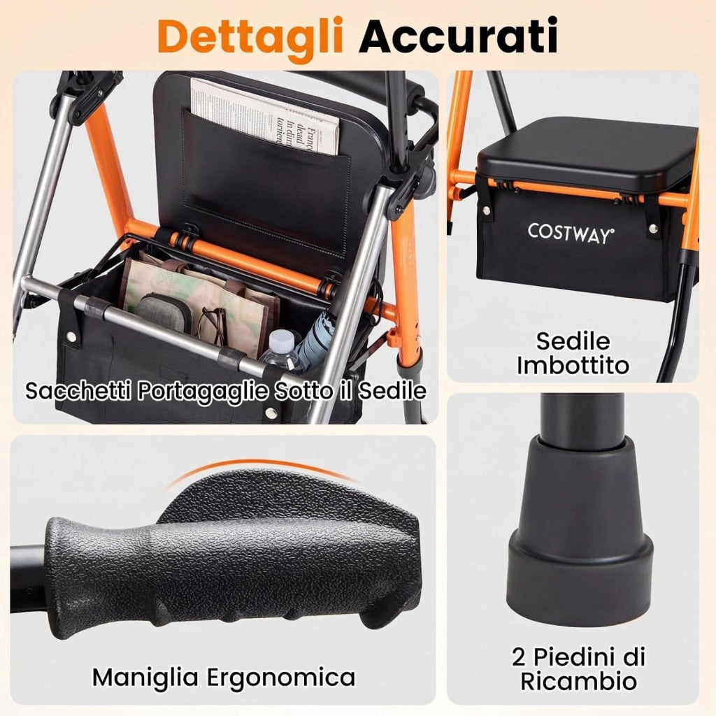 Deambulatore per Anziani Pieghevole, 2 in 1 Girello con Seduta a 3 Livelli, Sacchetti Portaoggetti e Impugnatura Ergonomica, Rollator Deambulatore Portatile per Intreno ed Esterno