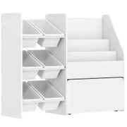 Scaffale Portagiochi con 6 Cesti, 3 Ripiani e Box Inferiore, in Legno, Plastica e Acciaio, 100x30x80 cm, Bianco