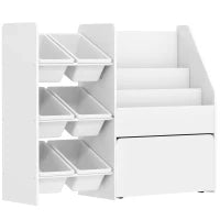 Scaffale Portagiochi con 6 Cesti, 3 Ripiani e Box Inferiore, in Legno, Plastica e Acciaio, 100x30x80 cm, Bianco