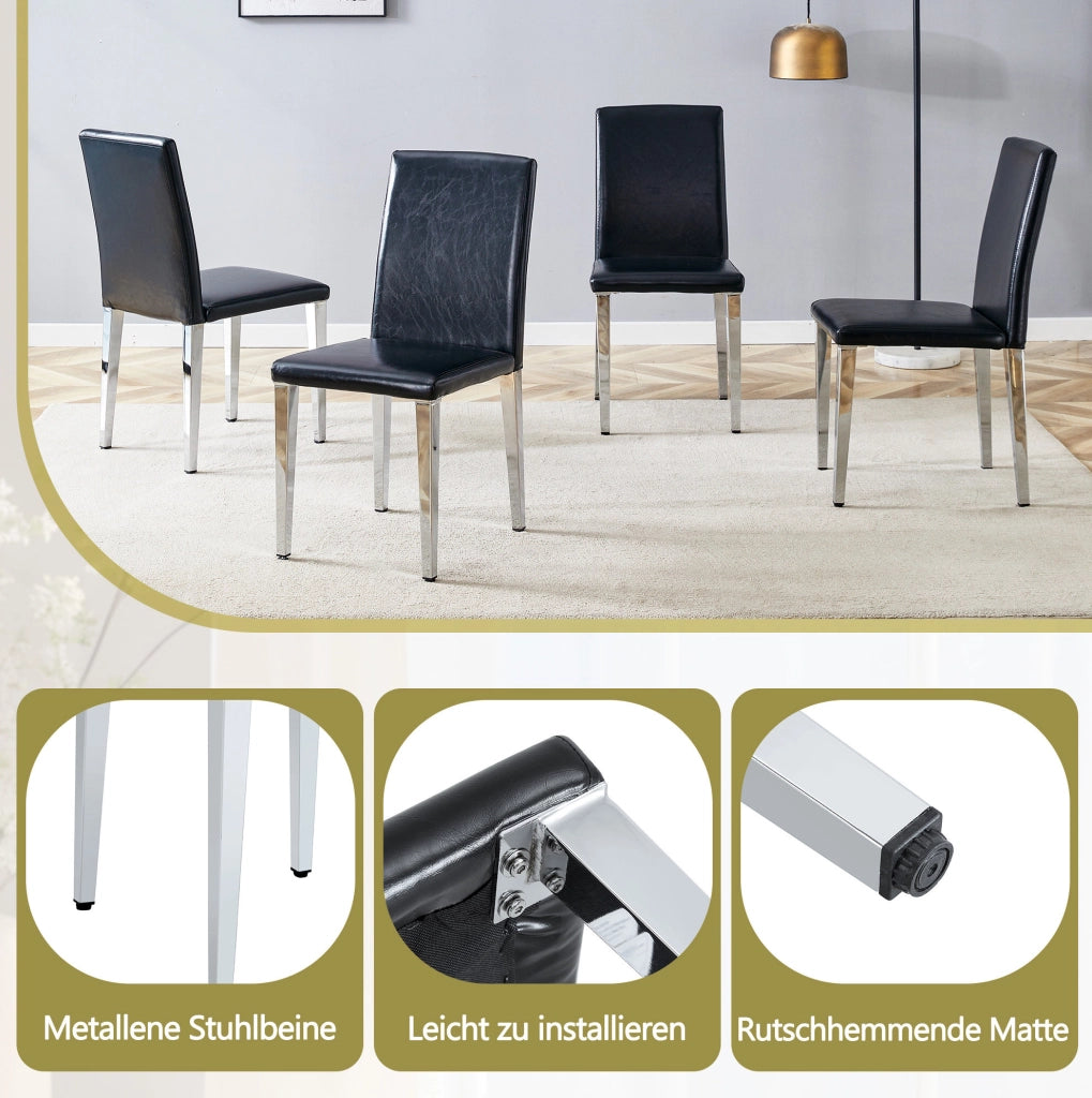 Set di 2 sedie da pranzo in PU; gambe in metallo; nero e argento