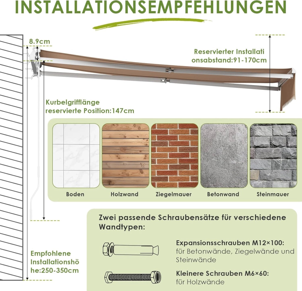 Tenda a bracci snodati 250 x 200 cm, UPF 50+ impermeabile, manovella & supporto a parete, Regolazione angolare 52-75°, Terrazzo & Balcone, Beige