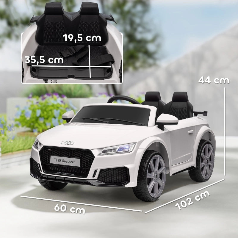 Auto elettrica per bambini, Audi TT RS Roadster, 3 km/h, telecomando, LED, USB, bianca