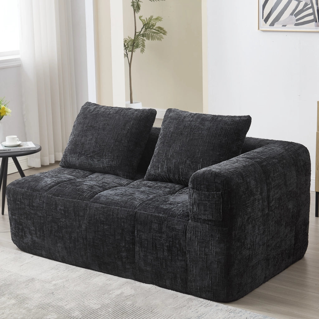 Divano 2 Posti con Tasche laterali e Cuscino, Seduta Ergonomica, in Ciniglia, Nero