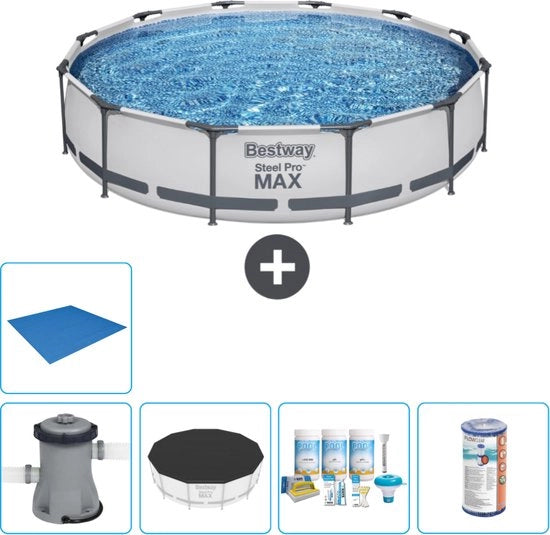 Piscina Rettangolare Acciaio Pro MAX - 366 x 76 cm - Grigio - Incluso Pompa Copertura - Kit Manutenzione - Filtro - Copertura Fondale