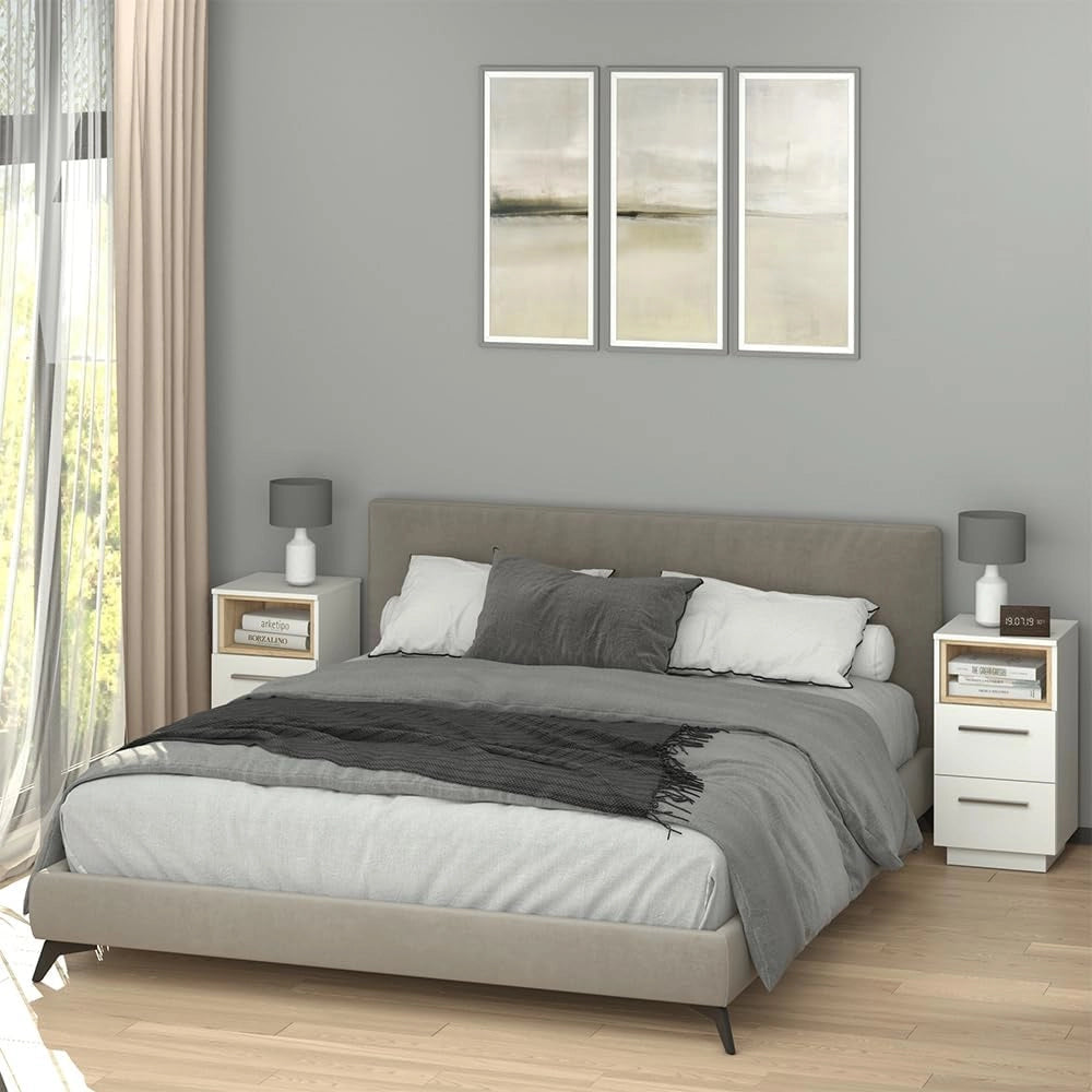 Comodini camera da letto Beatrice, Bianco, Set di 2, per riporre oggetti in modo salvaspazio accanto al letto