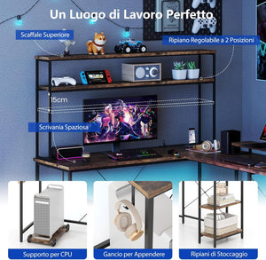 Scrivania per Computer a Forma di L, Tavolo da Gioco con Scaffale Regolabile, Gancio, Supporto per CPU, Striscia LED, Telecomando e Prese di Corrente, Desk per Studiare e Lavorare (Marrone)