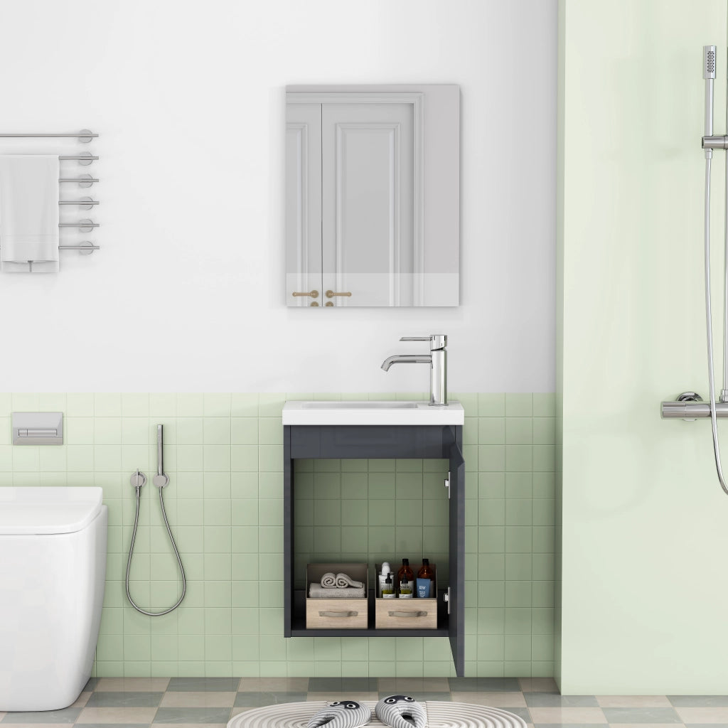 Mobiletto da bagno a parete da 40 cm, grigio lucido, con lavabo in ceramica e specchio, senza maniglie, cerniere con chiusura ammortizzata,