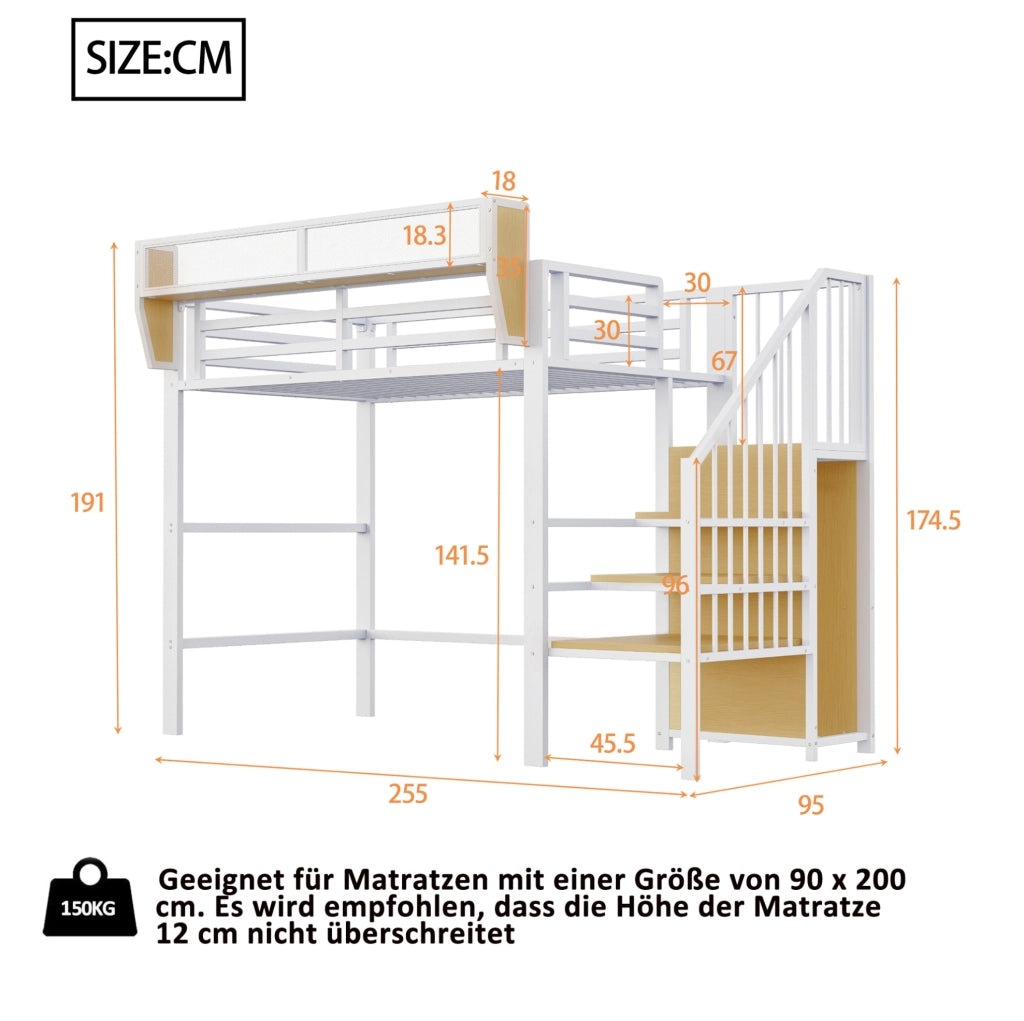 Letto a soppalco 90x200 in metallo bianco con scala di sicurezza e ripiano