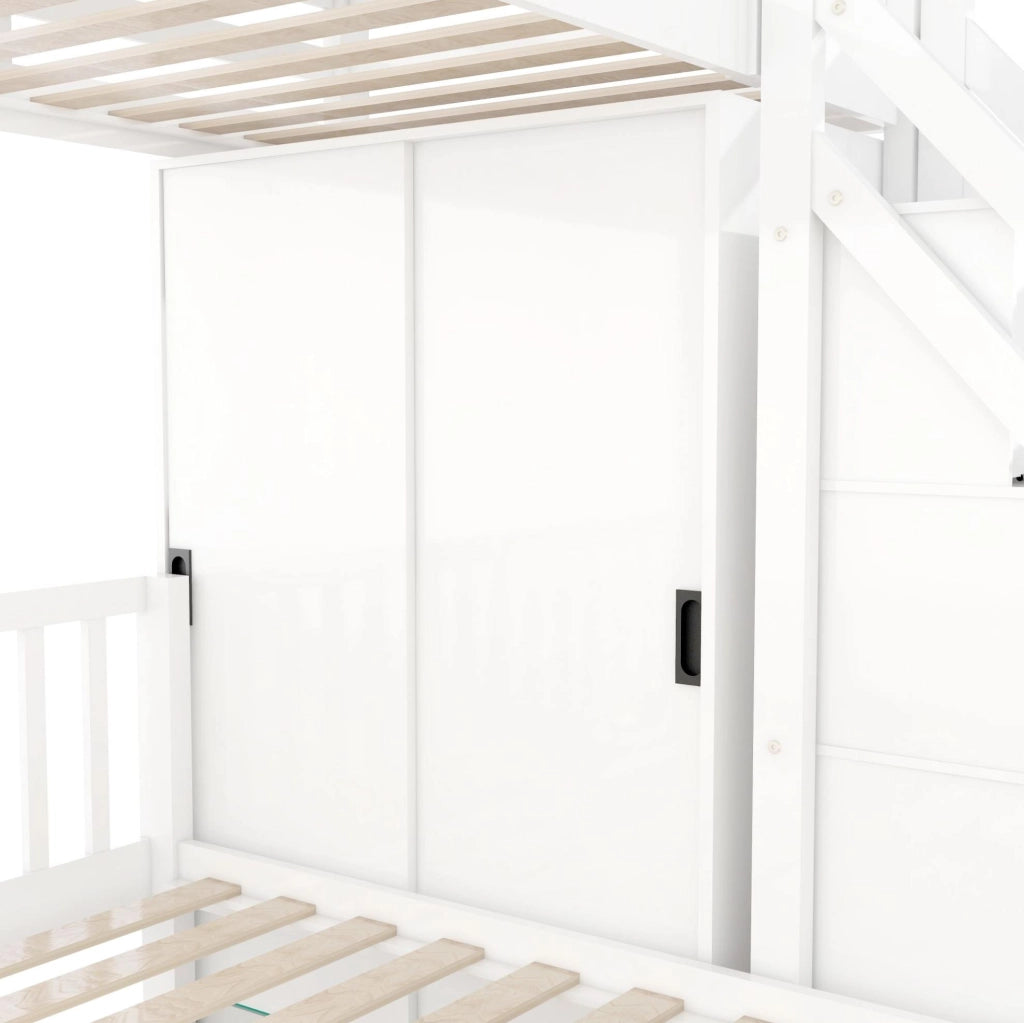 Letto a castello con armadio e scala contenitore 90x200 cm + 140x200 cm; bianco