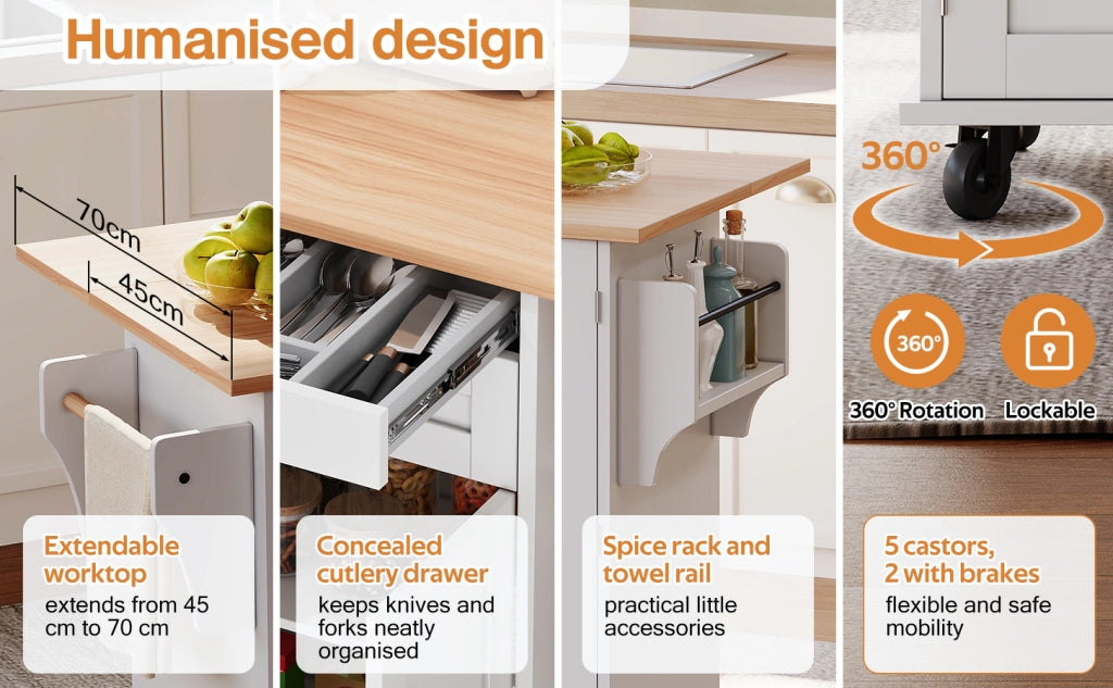Isola Cucina con Piano Estraibile ¨C MINIMAL ¨C 120x45 cm, Legno, Bianco