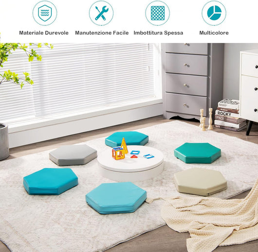 6 Cuscini Esagonali per Bambini con Maniglie, Imbottitura in Schiuma di 5 cm, Sedili Portatili e Flessibili per Asilo Nido, 38 x 34 cm (Morandi)