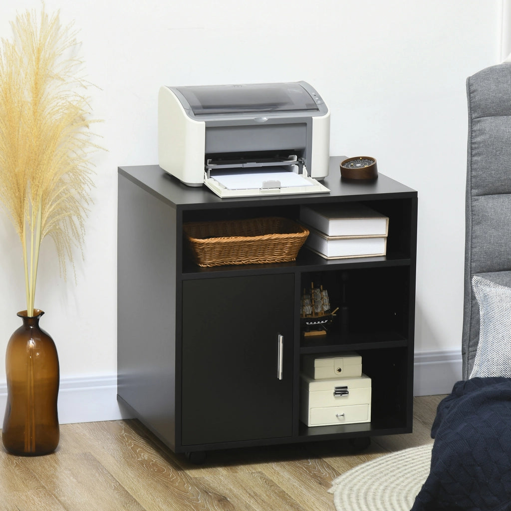 Mobile porta stampante con ruote ¨C Xylo ¨C 3 ripiani e armadietto in legno nero 60x50x65.5cm