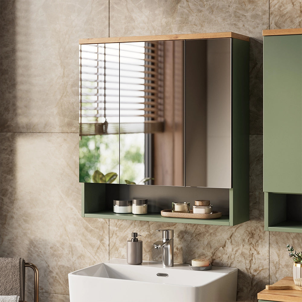 Vicco Specchio contenitore bagno Verde/Artigianale 70 x 77.5 cm con 3 ante a specchio
