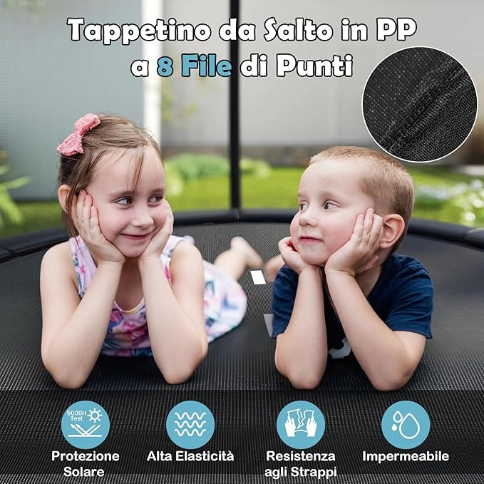 Trampolino Elastico per Bambini e Adulti 244 cm/305 cm/366 cm, Tappeto Elastico da Esterno con Rete di Sicurezza, Scala e Telaio in Acciaio Zincato Antiruggine