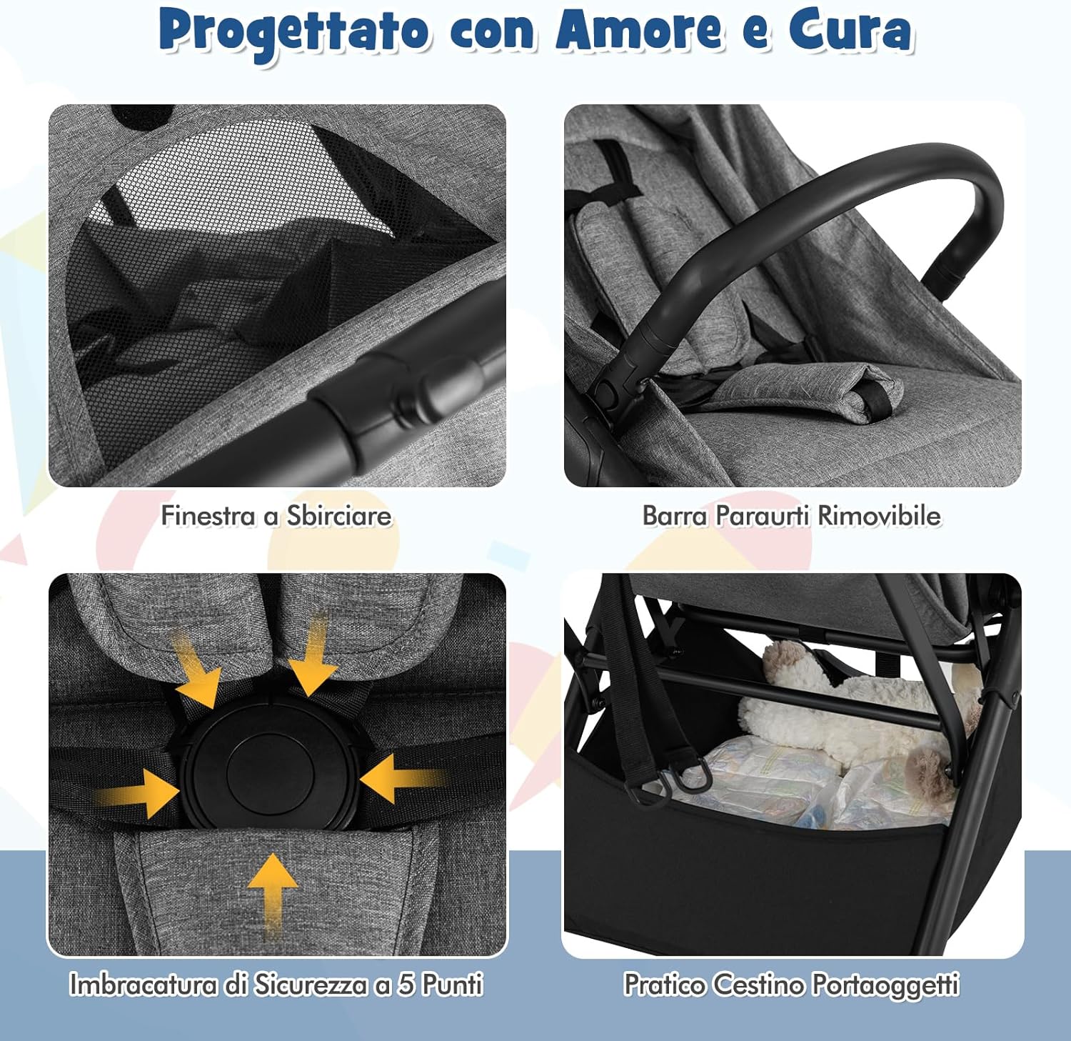 Passeggino Leggero per Bambini, Passeggino da Viaggio con Schienale Regolabile, Passeggino Portatile per Bambini con Schienale Reclinabile e Cappotta Regolabile, per Bambini 0-3 Anni (Grigio)