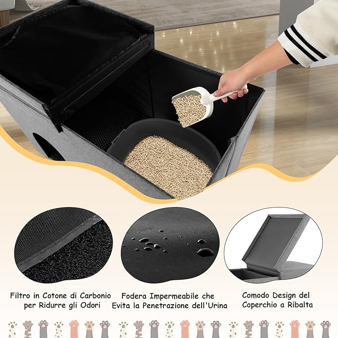 Mobile per Lettiera per Gatti, Panca Portaoggetti con Tappetino Impermeabile e Filtro al Carbone per il Controllo degli Odori e Coperchio Ribaltabile, 90 x 50 x 50 cm(Grigio)