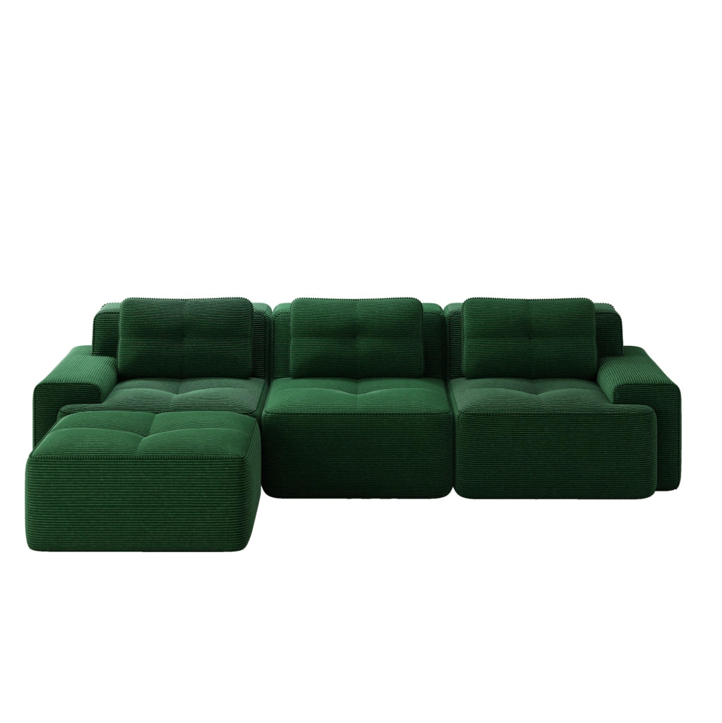 Divano modulare 293x177x69 cm in velluto a coste verde; design basso senza montaggio