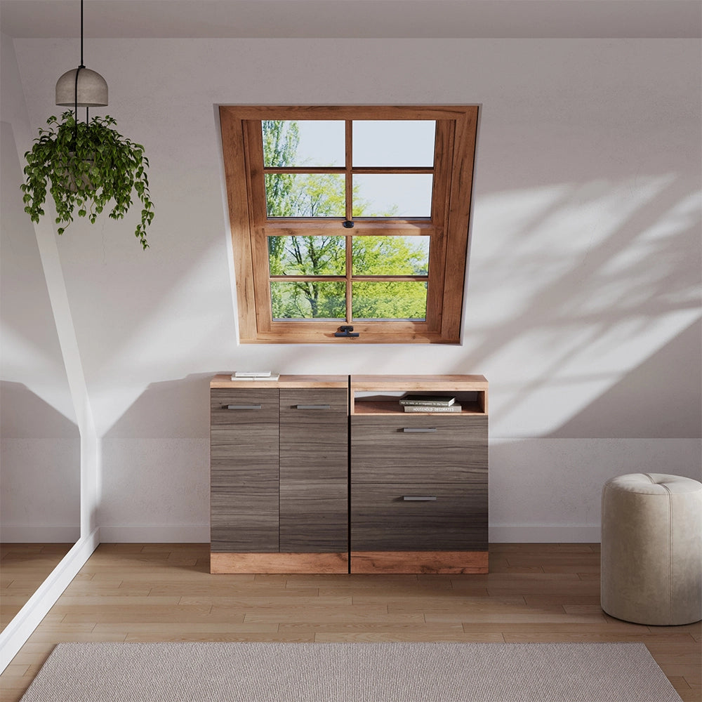Set di mobili sottotetto Rion Grigio nobile/Rovere dorato 120 cm Set di 2 carcasse armadio profondità 60 cm Vicco