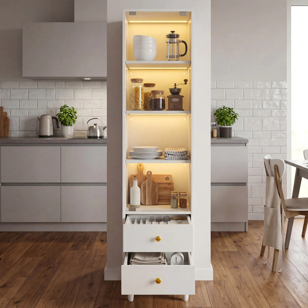Vetrina moderna con illuminazione LED, ante in vetro, 2 cassetti, bianca, H165 x L40 x P35 cm
