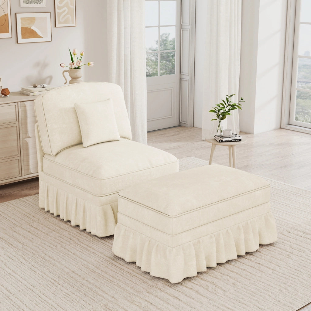 Divano modulare con poggiapiedi e gonna removibile in chenille bianco