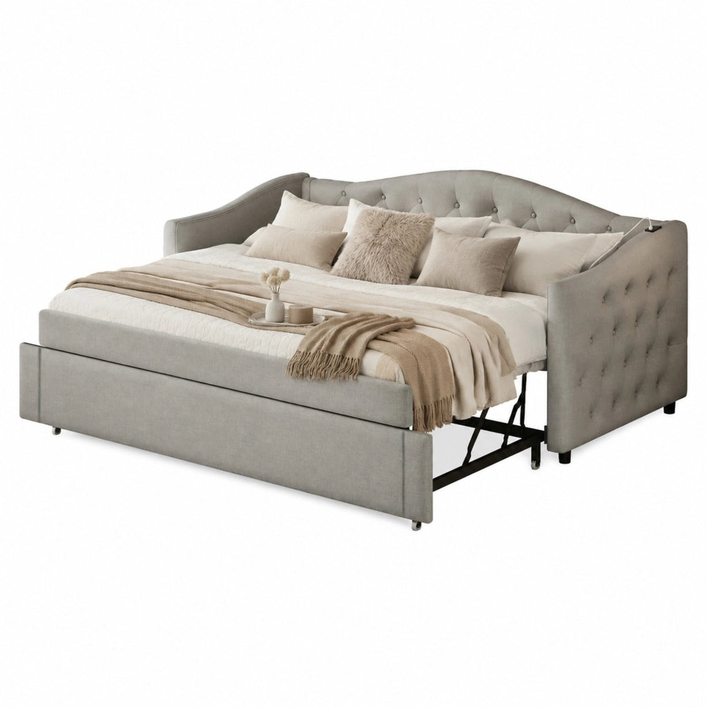 Divano letto estraibile imbottito 90x200 cm con USB; rete a doghe; lino grigio