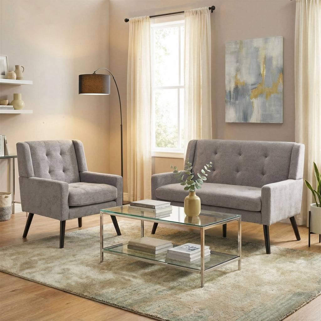 Poltrone set da 2 con seduta in schiuma ad alta densità trapuntatura decorativa e gambe in legno imbottito grigio chiaro