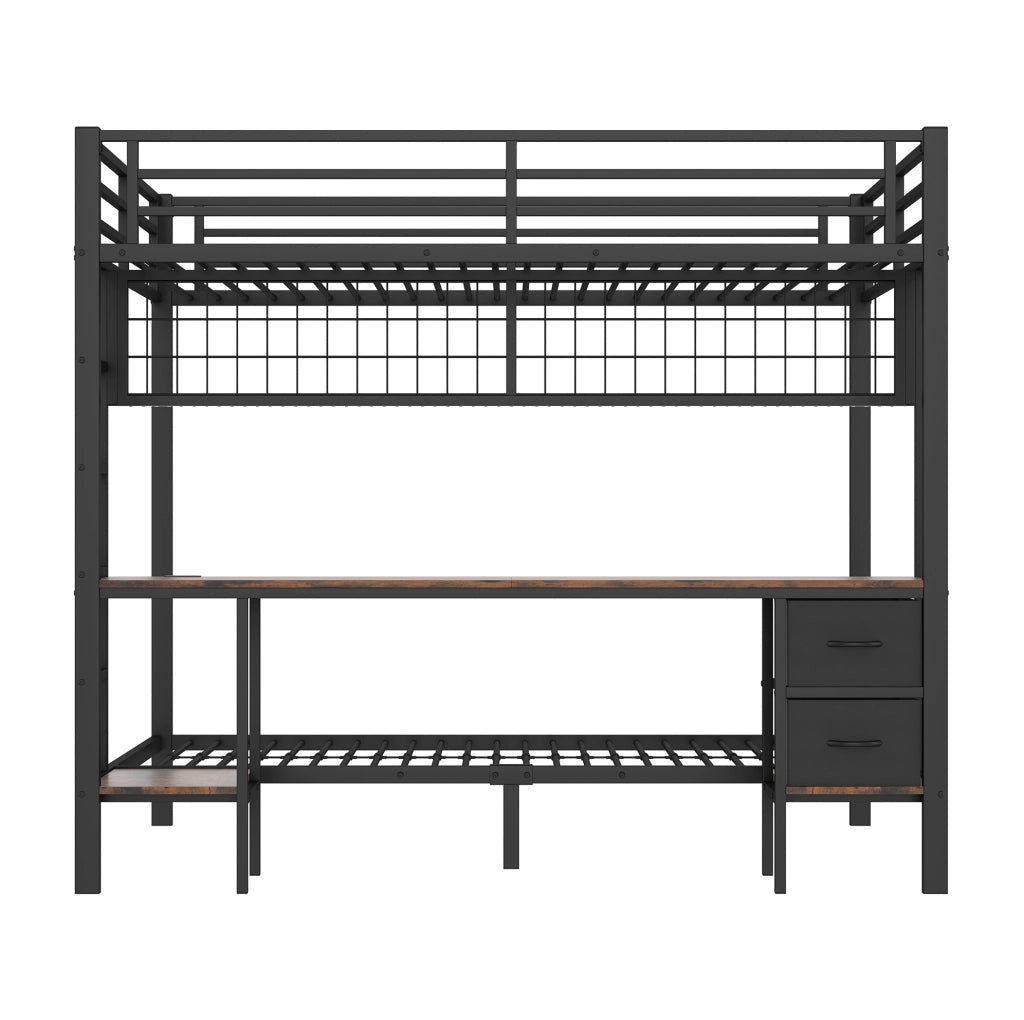 Letto a soppalco 140x200 cm con scrivania; LED 7 colori e USB in metallo nero