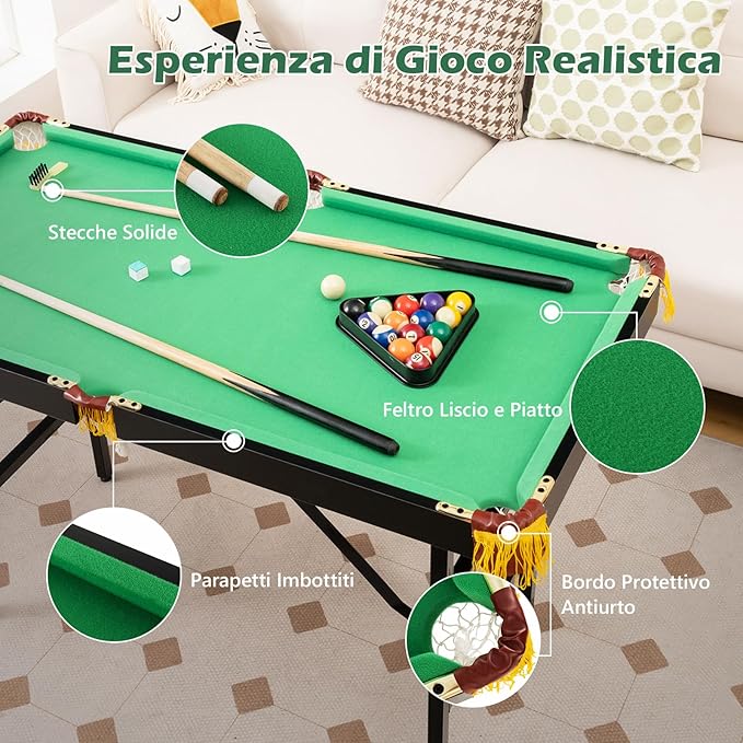 Tavolo da Biliardo Pieghevole, Mini Tavolo da Gioco Biliardo con Set di Accessori Stecche Palline Gessetti e Spazzola, Piedi Regolabili, per Sala Giochi bar Palestra, 122x64x78 cm