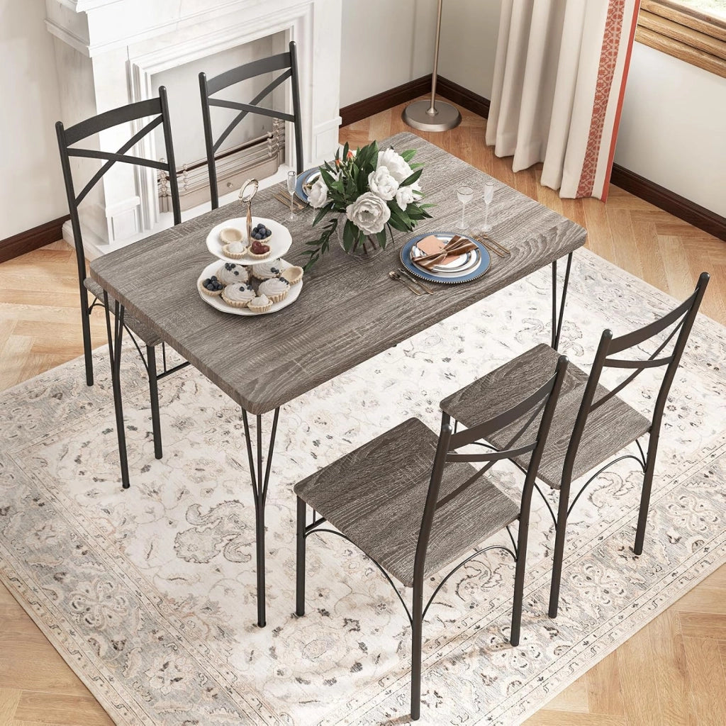 Tavolo da pranzo con 4 sedie, 5 cucchiai. Set da pranzo per 4 persone, set da tavolo in metallo e legno, tavolo da cucina, tavolo da pranzo con 4 sedie