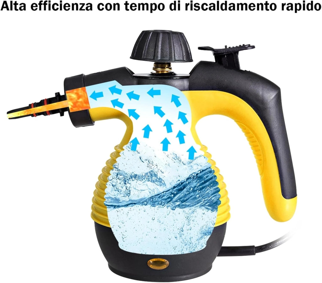 Pulitore Vapore 350 ml, Pulitore a Vapore Portatile Multiuso 3 Bar, con 9 Accessori (Giallo)