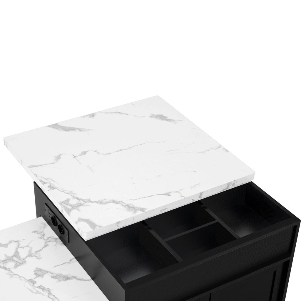 Tavolo estraibile 125.5x71x93 cm con LED; piano effetto marmo e ruote nascoste in MDF nero
