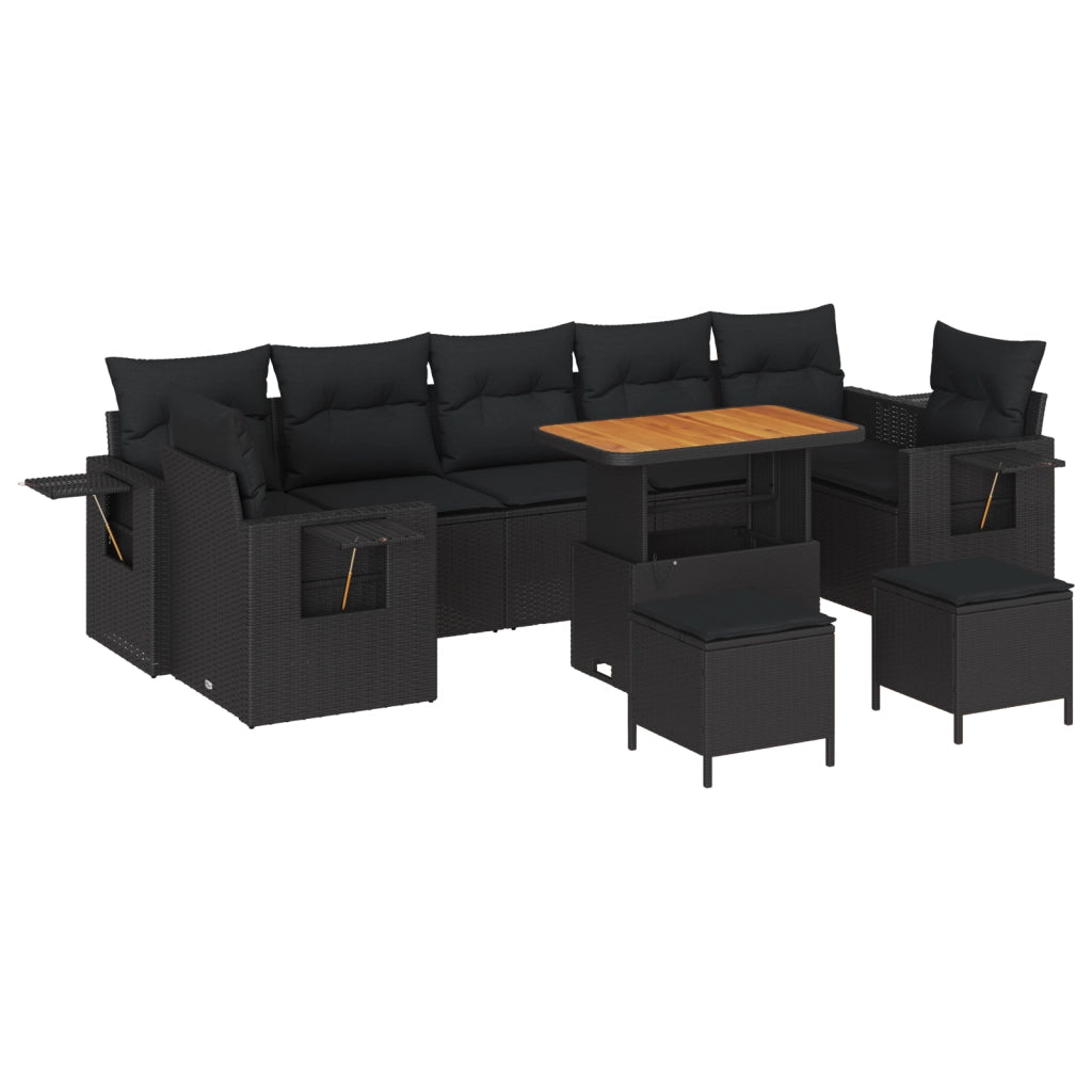 Set di divani da giardino  10 pezzi con cuscini in rattan polimerico nero di acacia
