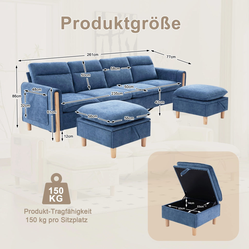 Divano panoramico a U modulare con 2 pouf contenitore e tasche laterali in chenille blu 261 × 77 × 86 cm