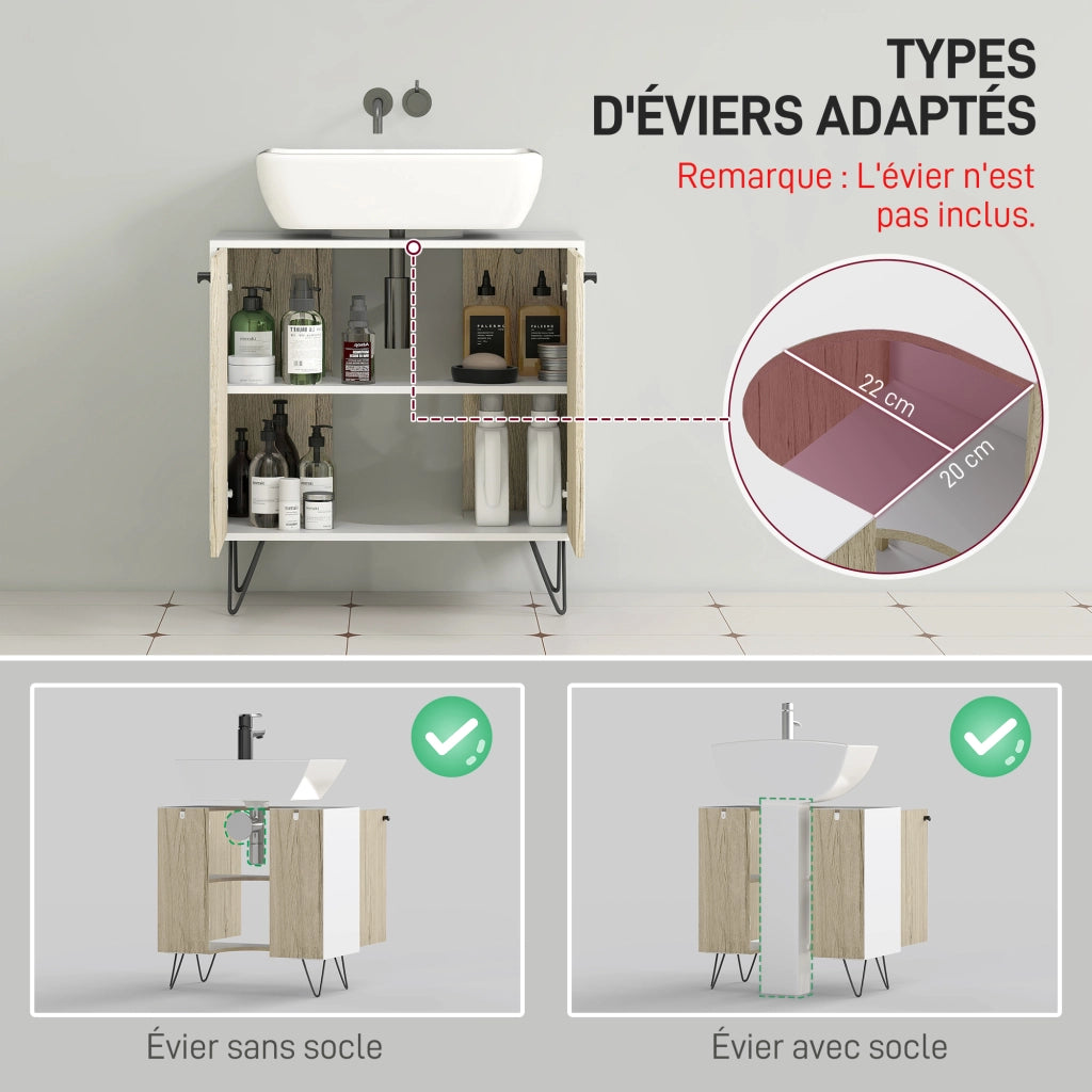 Mobile Sottolavabo Bagno con 2 Ante e Piedi Acciaio ¨C zephmum ¨C Bianco e Legno 60x30x60 cm