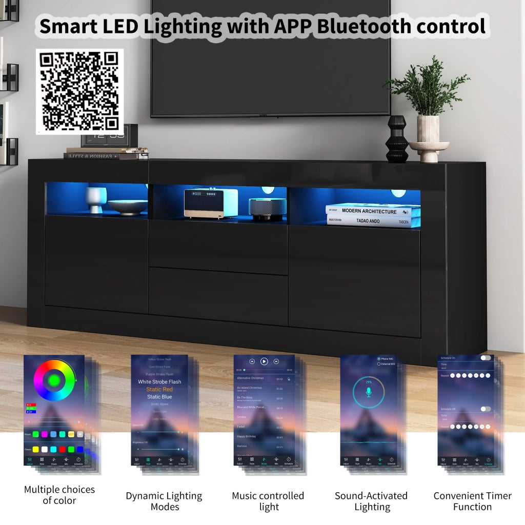 Mobile TV con 2 Ante; 2 Cassetti e 3 Vani Aperti e LED; Nero Lucido; Soggiorno; 160¡Á35¡Á60 cm; in Truciolare