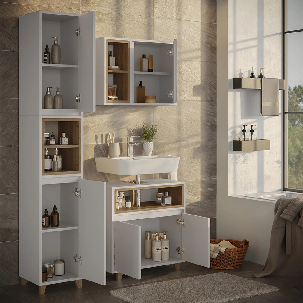 Vicco Set di mobili da bagno Bianco/quercia 3 parti con mobile alto