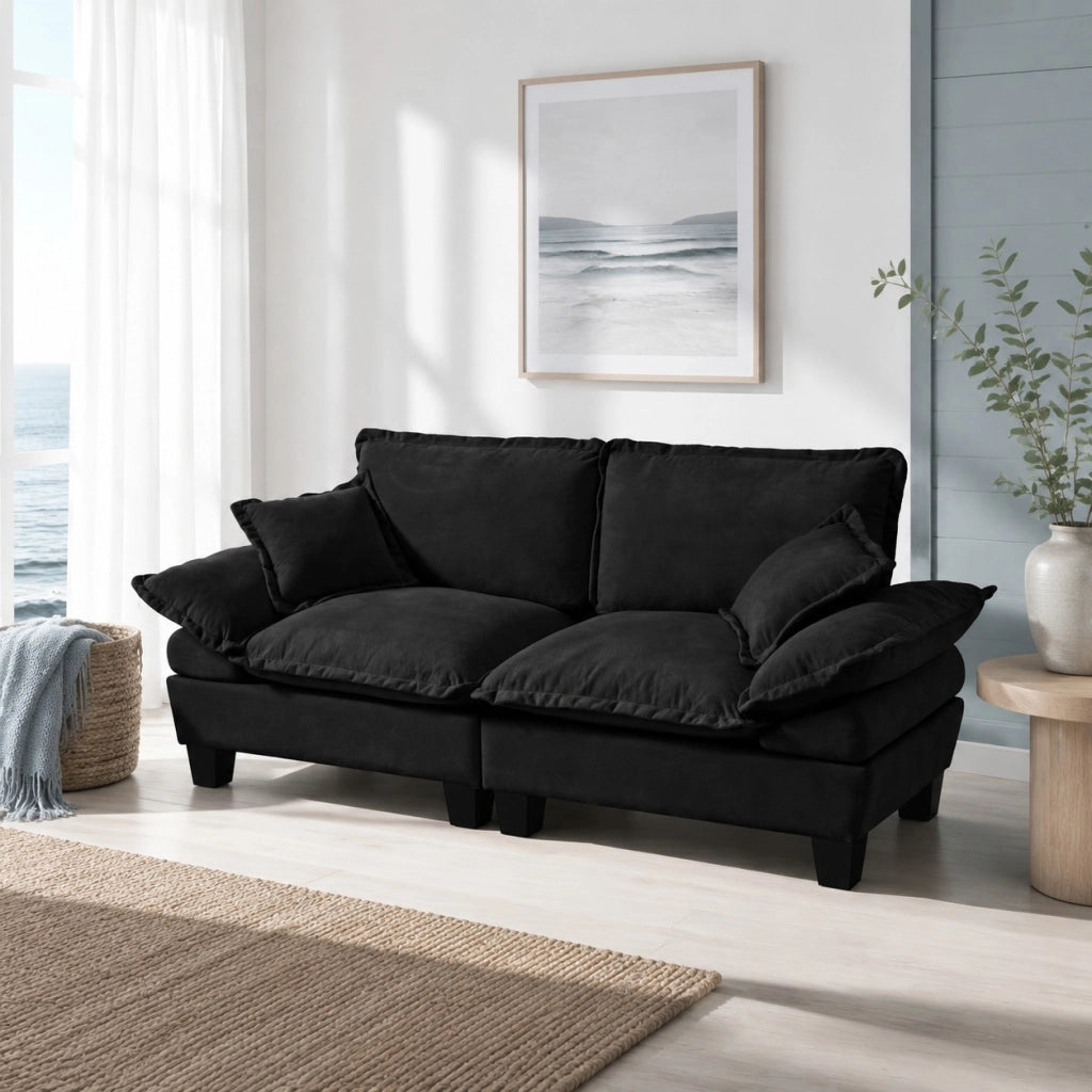 Divano dal design ispirato alla vela con braccioli curvi in chenille nera per appartamenti 194 × 82 × 90 cm