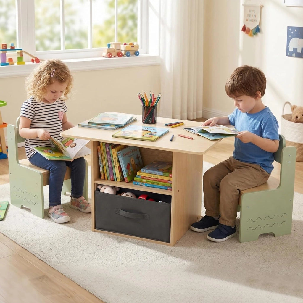 Set di Tavolo e 2 Sedie per Bambini 3+ Anni, Tavolo e 2 Sedie in Legno con Scomparti Doppio Lato e Cassetto Pieghevole in Tessuto, Ideale per Leggere, Giocare per Cameretta Bambini (Verde)