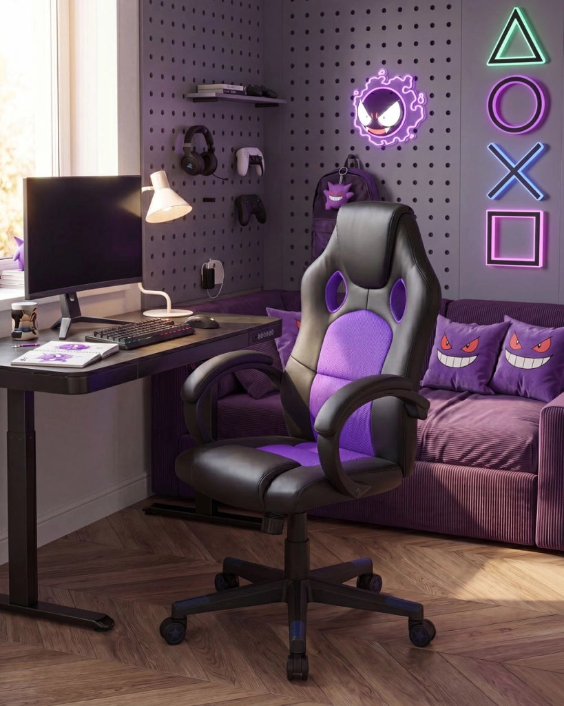 Sedia da ufficio Girevole e regolabile in ecopelle di colore nero e viola